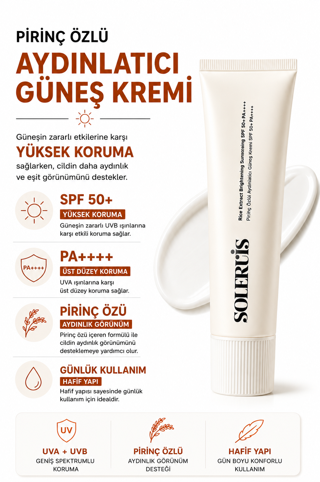 Pirinç Özlü Aydınlatıcı ve Leke Karşıtı Güneş Kremi SPF 50+ PA++++ Beyaz İz Bırakmayan 50 ml