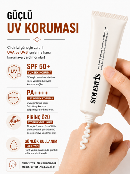 Pirinç Özlü Aydınlatıcı ve Leke Karşıtı Güneş Kremi SPF 50+ PA++++ Beyaz İz Bırakmayan 50 ml