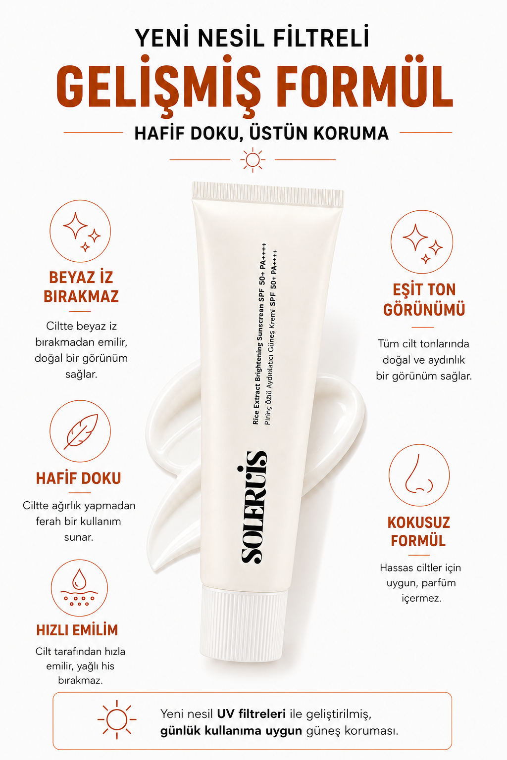 Pirinç Özlü Aydınlatıcı ve Leke Karşıtı Güneş Kremi SPF 50+ PA++++ Beyaz İz Bırakmayan 50 ml