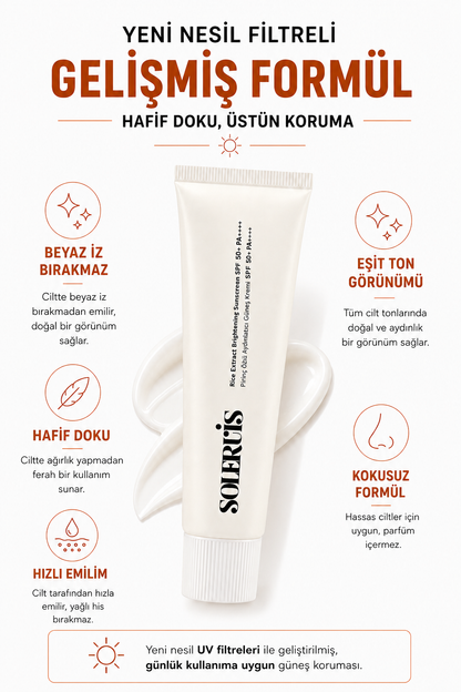 Pirinç Özlü Aydınlatıcı ve Leke Karşıtı Güneş Kremi SPF 50+ PA++++ Beyaz İz Bırakmayan 50 ml